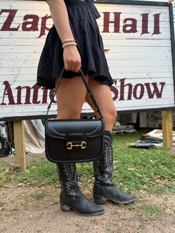 LAV Original Horsebit 1955 Small Shoulder Bag Noir Braided w/Smile Pocket Stitching