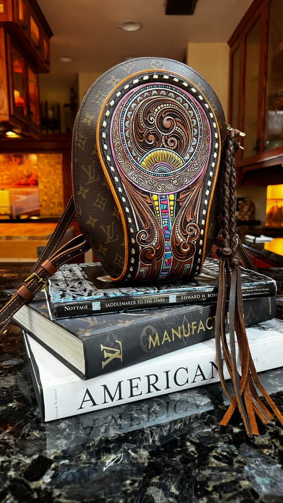 LAV Original Ellipse Backpack Chocolate Zipper Pulls with Western Skies Tooled Patch