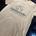 White t-shirt with a logo and text on a dark surface