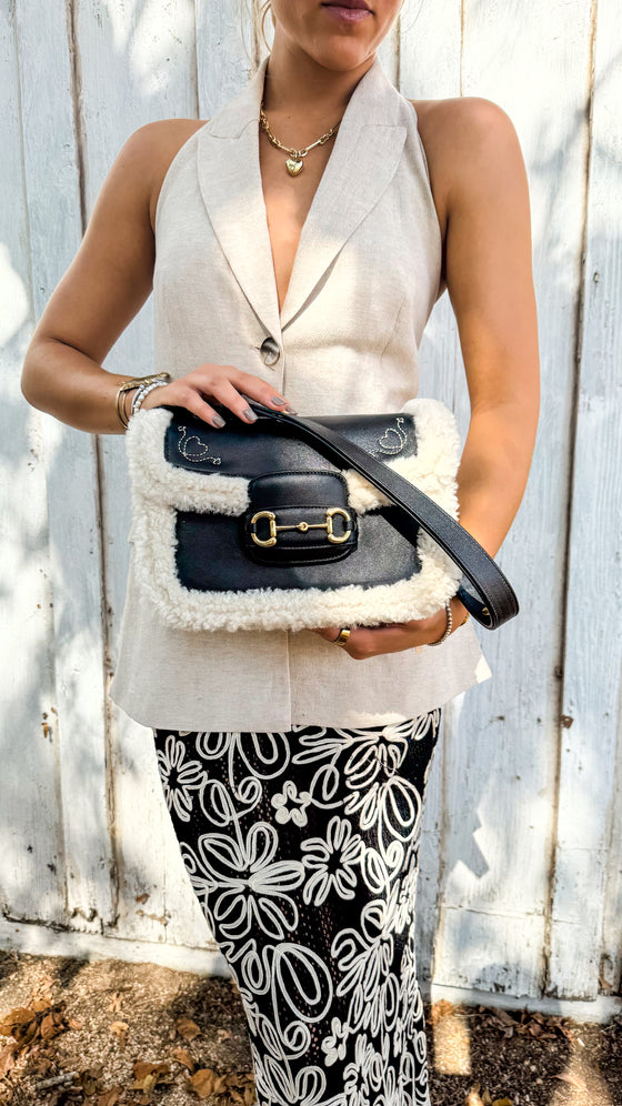 LAV Original Horsebit 1955 Shearling Shoulder Bag with Heart Pocket Stitching