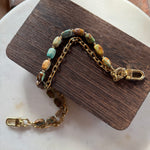 Gold handbag chain with embedded stones on a wooden block, Jforks, Leatherandvodka collaboration