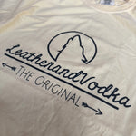 White sleeveless shirt with 'Leatherndvodka' logo and text on a white background