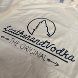 White sleeveless shirt with 'Leatherndvodka' logo and text on a white background