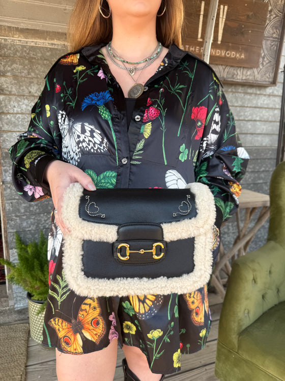 LAV Original Horsebit 1955 Shearling Shoulder Bag with Heart Pocket Stitching