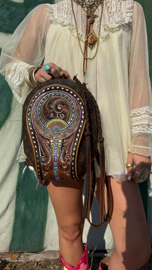  LAV Original Ellipse Backpack Chocolate Zipper Pulls with Western Skies Tooled Patch