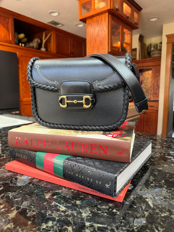 LAV Original Horsebit 1955 Small Shoulder Bag Noir Braided w/Smile Pocket Stitching