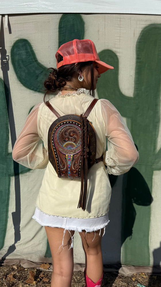 LAV Original Ellipse Backpack Chocolate Zipper Pulls with Western Skies Tooled Patch